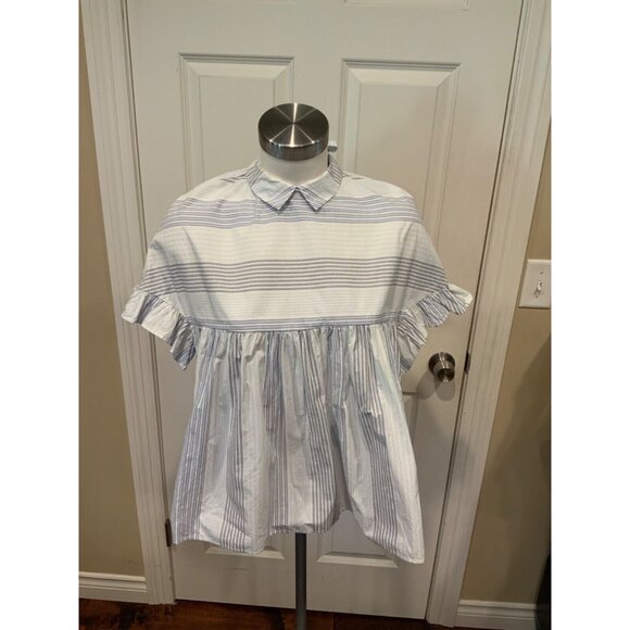 Zara Tafaluc Blue & White Striped Collared Short Sleeve Shirt, Size Small - Picture 1 of 5